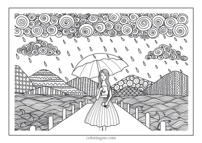 Girl In The Rain Coloring Pages for Adults
