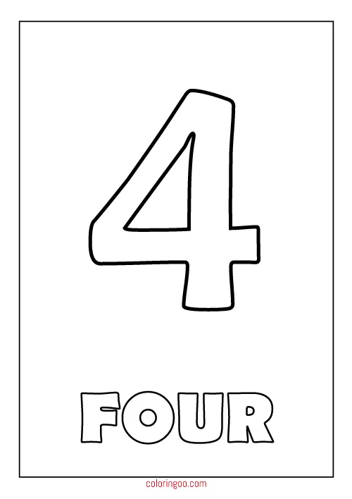 Printable Number 4 (Four) Coloring Page (PDF) for Kids 1 four number coloring page