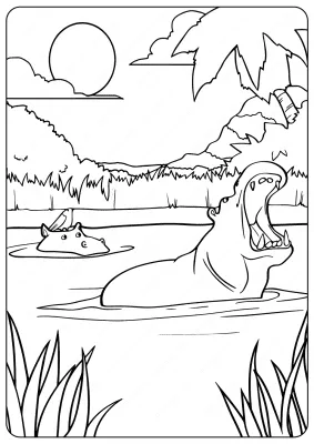 Printable Animals Swimming Hippo Coloring Pages