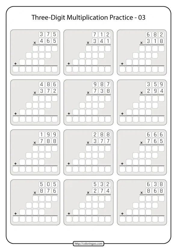 printable three digit multiplication practice worksheet 03