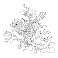bird on flowering tree branch coloring page