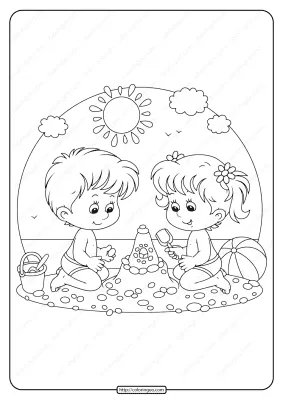 Boy and Girl Playing On The Beach Coloring Page