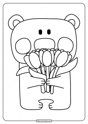 Printable Bear with Tulips Pdf Coloring Page