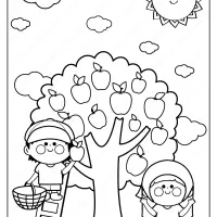 printable children picking apples pdf coloring page