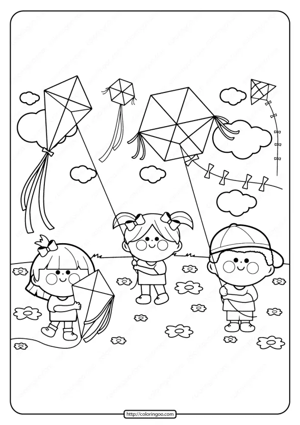 printable kids flying kites pdf coloring page