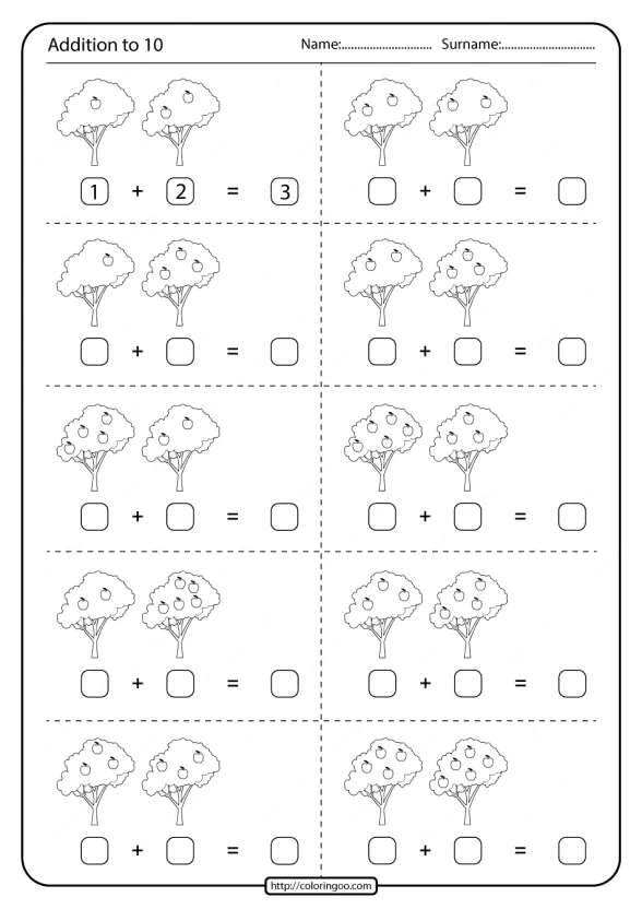 printable math addition to ten 10 worksheet