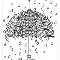 printable rain drops with umbrella coloring page