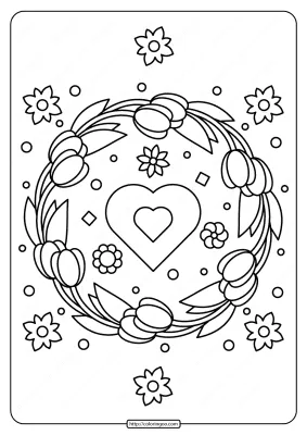 Printable Tulip Wreath and Heart Coloring Page