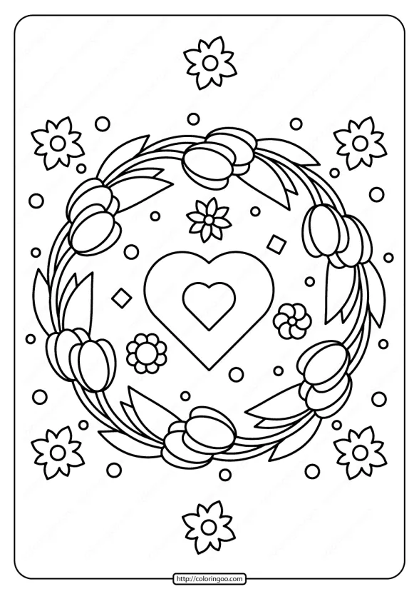 Printable Tulip Wreath and Heart Coloring Page 1 printable tulip wreath and heart coloring page