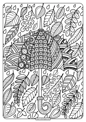 Printable Umbrella and Leaves Coloring Page