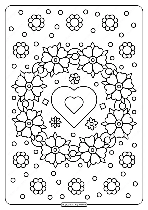 spring flower wreath with heart coloring page