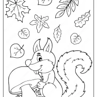 squirrel with mushroom and leaves coloring page