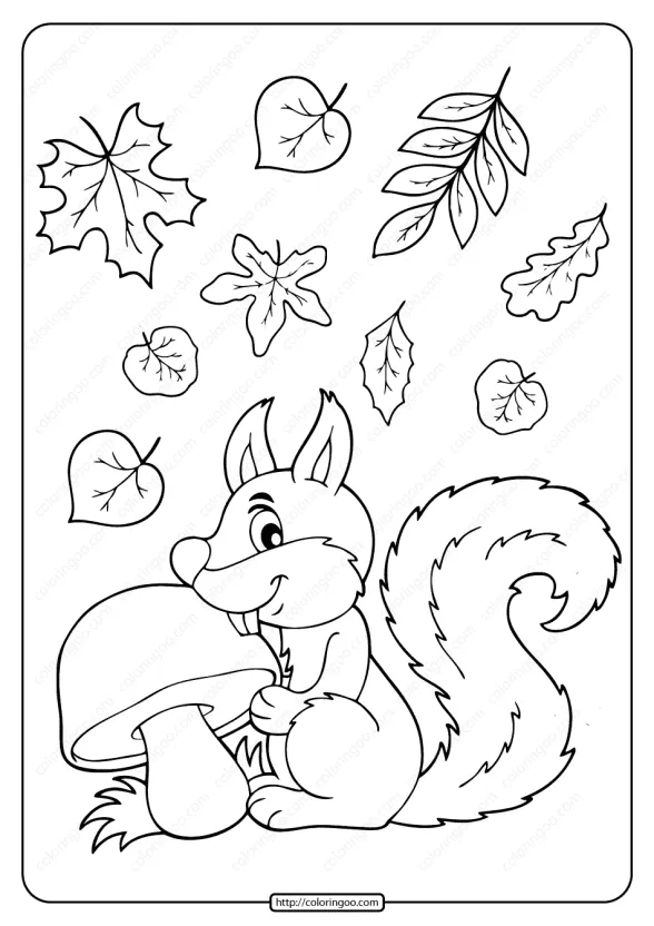 Squirrel With Mushroom and Leaves Coloring Page 1 squirrel with mushroom and leaves coloring page