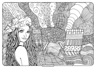 Beautiful Girl on Beach Pdf Coloring Page