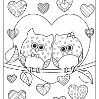 owls in love with hearts pdf coloring page