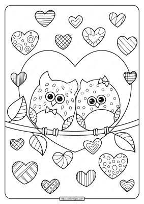 Owls in Love with Hearts Pdf Coloring Page