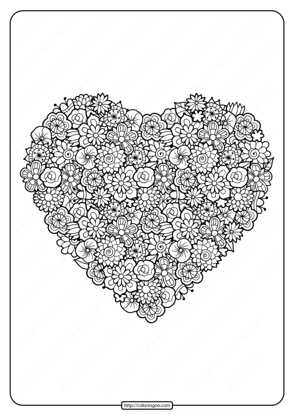 printable floral heart pdf coloring page