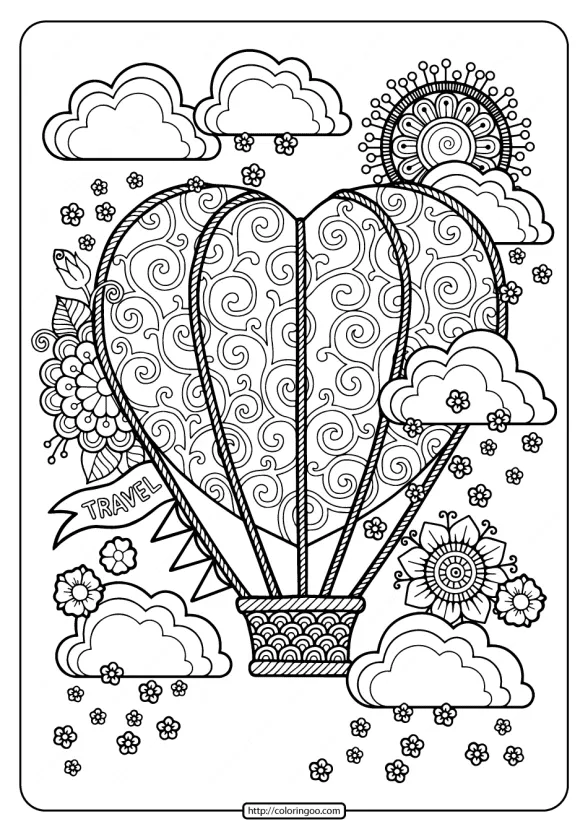 Free Heart Shaped Hot Air Balloon Pdf Coloring Page 1 printable heart shaped hot air balloon coloring pages