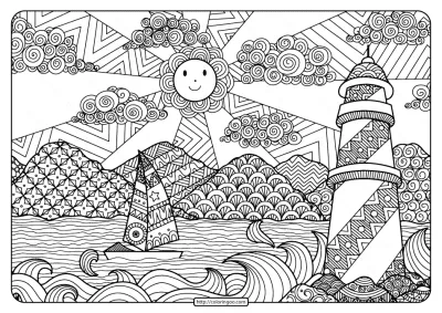Printable Sailboat and Lighthouse Pdf Coloring Page
