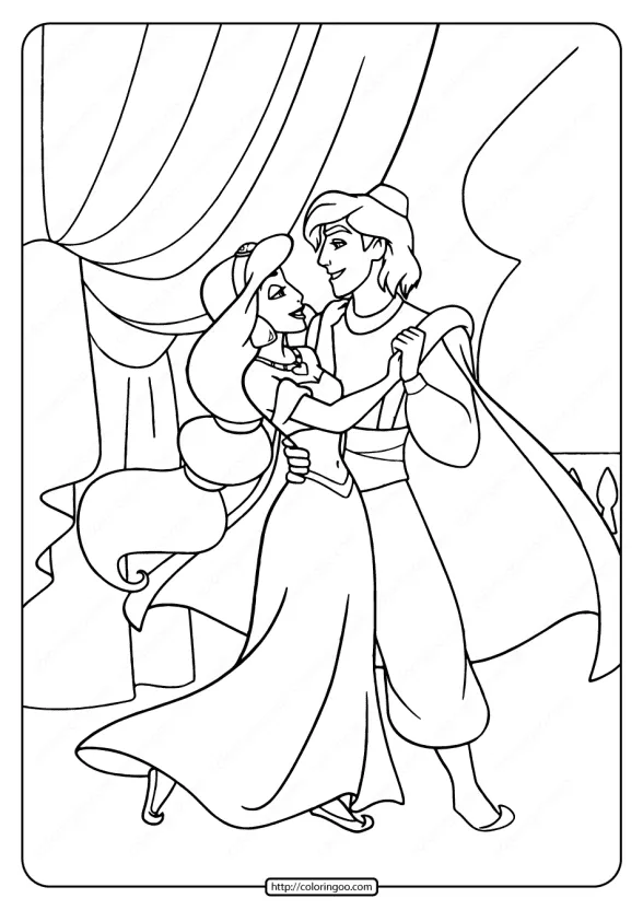 Printable Aladdin and Jasmine Dancing Coloring Page 1 printable aladdin and jasmine dancing coloring page