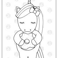 printable unicorn holding a donut coloring page