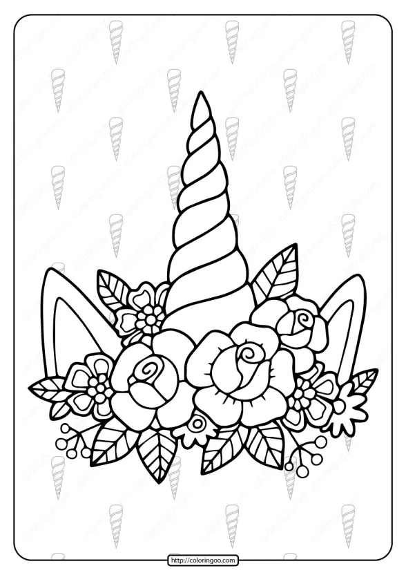 Printable Unicorn Horn and Flowers Coloring Page 1 printable unicorn horn and flowers coloring page