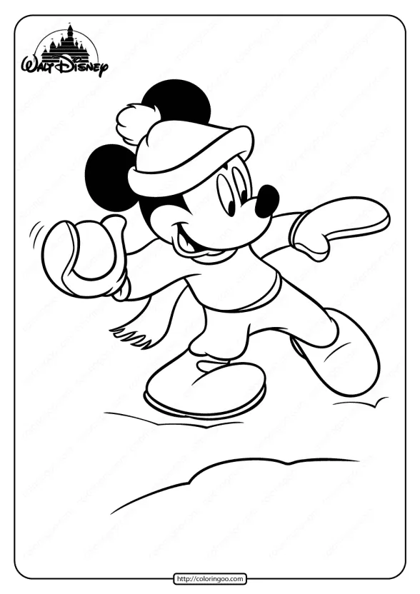 Printable Mickey Mouse Play SnowBall Coloring Page 1 printable mickey mouse play snowball coloring page