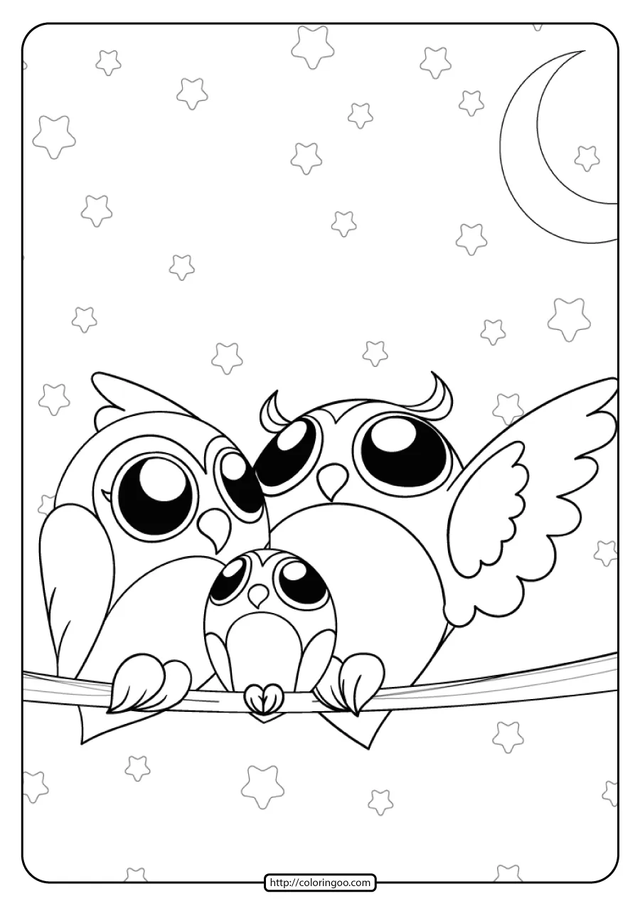 Printable Owl Family in the Night Coloring Page 3 printable owl family in the night coloring page