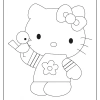 printable hello kitty playing with a bird coloring page