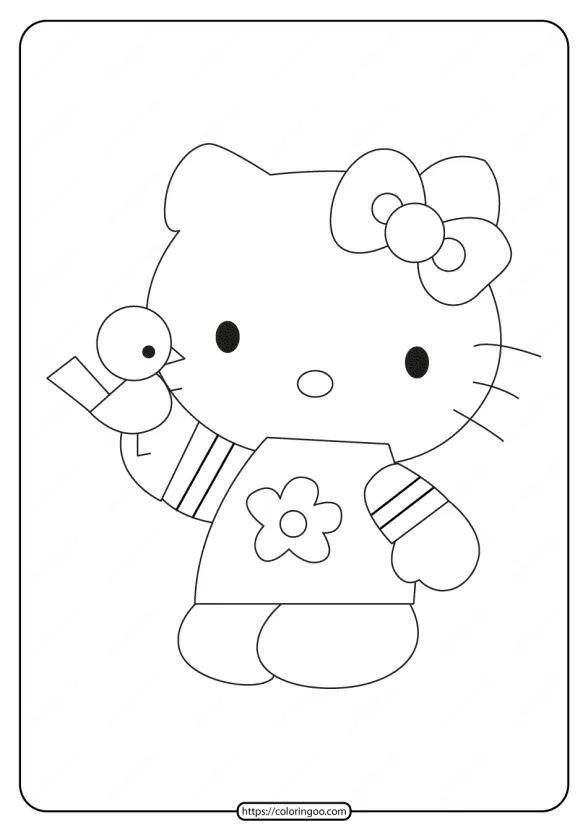 Printable Hello Kitty with a Bird Coloring Page 1 printable hello kitty playing with a bird coloring page