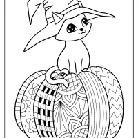 halloween witch hat cat on pumpkin coloring pages