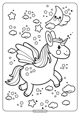 Printable Flying Kawaii Unicorn Coloring Pages