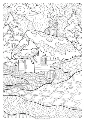 Printable Zentangle Winter Cabin Coloring Pages