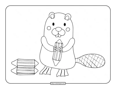 Standing Beaver Holding a Log Coloring Page