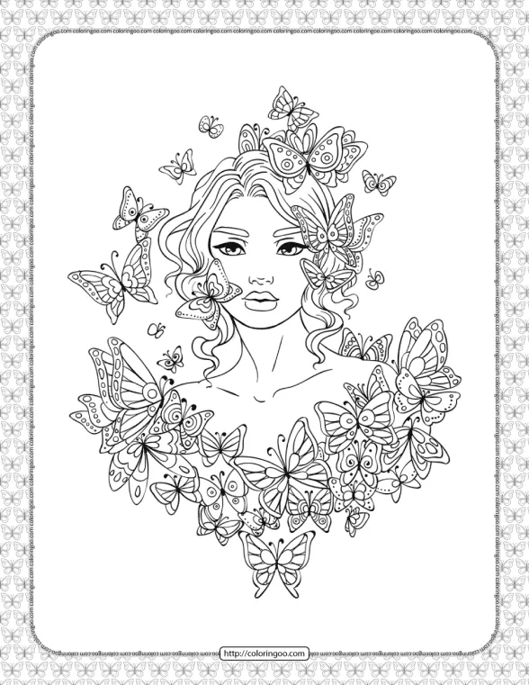 a girl in the butterflies coloring page