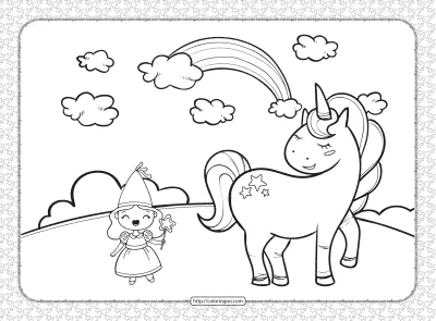 Cute Fairy Girl and Unicorn Coloring Page