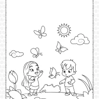 Boy and Girl Admiring Butterflies Coloring Page 24 boy and girl admiring butterflies coloring page