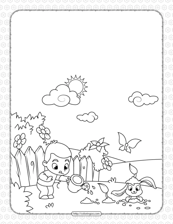 Boy Watering Flowers and Cute Rabbit Coloring Page 1 boy watering flowers and cute rabbit coloring page