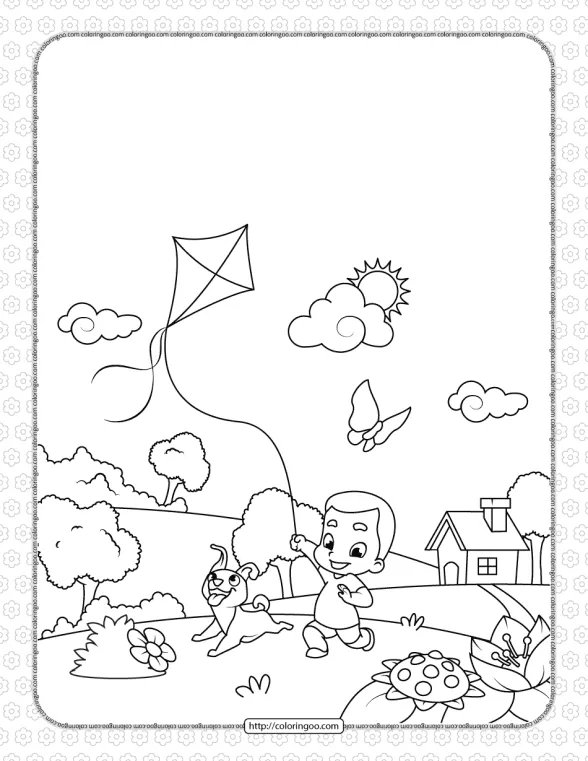 Boy with a Dog Flying a Kite Coloring Page 1 boy with a dog flying a kite coloring page