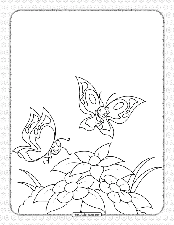 Cheerful Butterflies on the Flower Coloring Page 1 cheerful butterflies on the flower coloring page