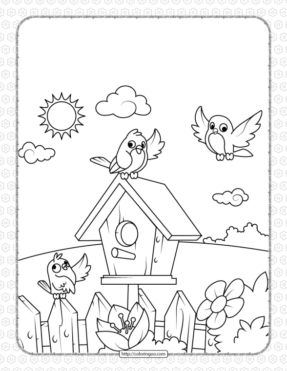 Printable Birds near a Birdhouse Coloring Page 1 printable birds near a birdhouse coloring page