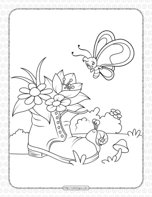Snail Butterfly and Old Shoe with Flowers Coloring Page