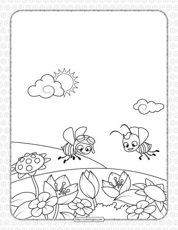 Two Bees Fly Over a Flowering Meadow Coloring Page 1 two bees fly over a flowering meadow coloring page