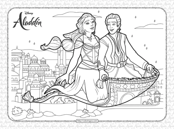 Aladdin and Jasmine on Magic Carpet Coloring Page 1 aladdin and jasmine on magic carpet coloring page