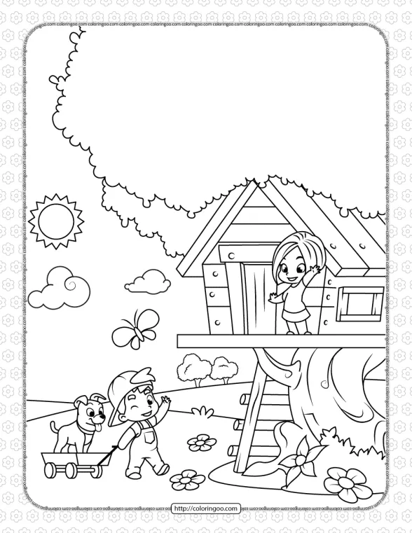 Boy and Girl Playing in a Tree House Coloring Page 1 boy and girl playing in a tree house coloring page