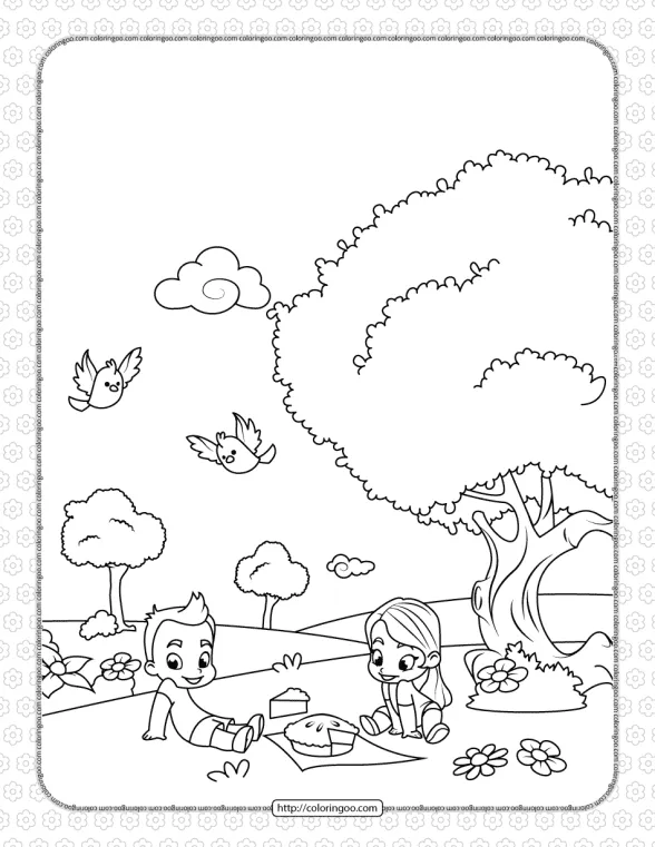 Printable Boy and Girl on a Picnic Coloring Page 1 printable boy and girl on a picnic coloring page