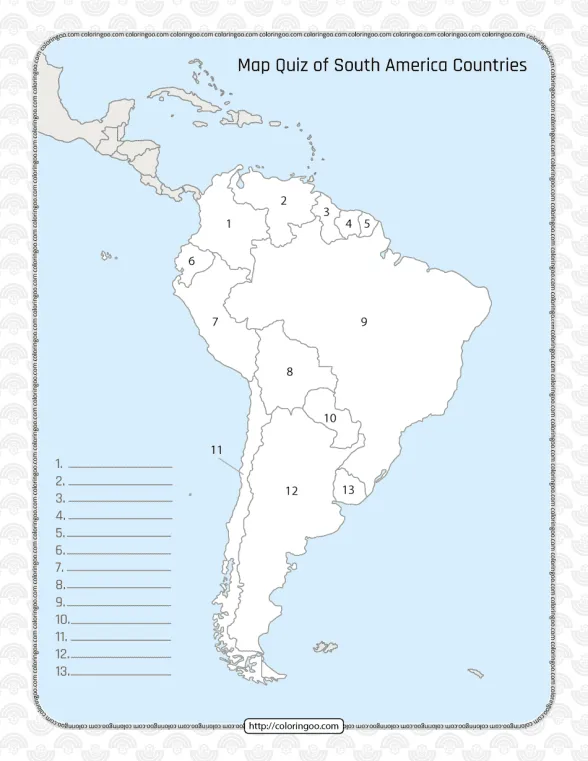 Printable South America Countries Map Quiz & Solutions 1 printable south america countries map quiz worksheet