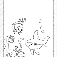 cute shark and coral reef fish coloring page