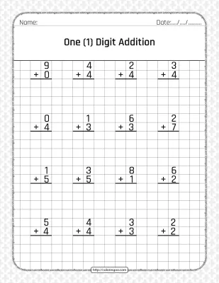 Free Printable One 1 Digit Addition Pdf Worksheet