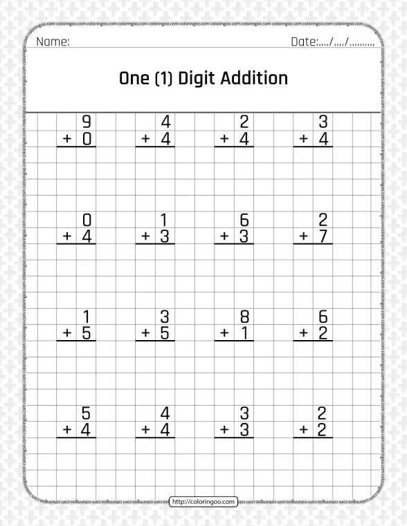 Free Printable One 1 Digit Addition Pdf Worksheet 1 free printable one 1 digit addition pdf worksheet